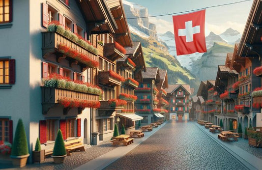 Wehende Schweizer Flagge in einer kleinen Stadt in der Schweiz